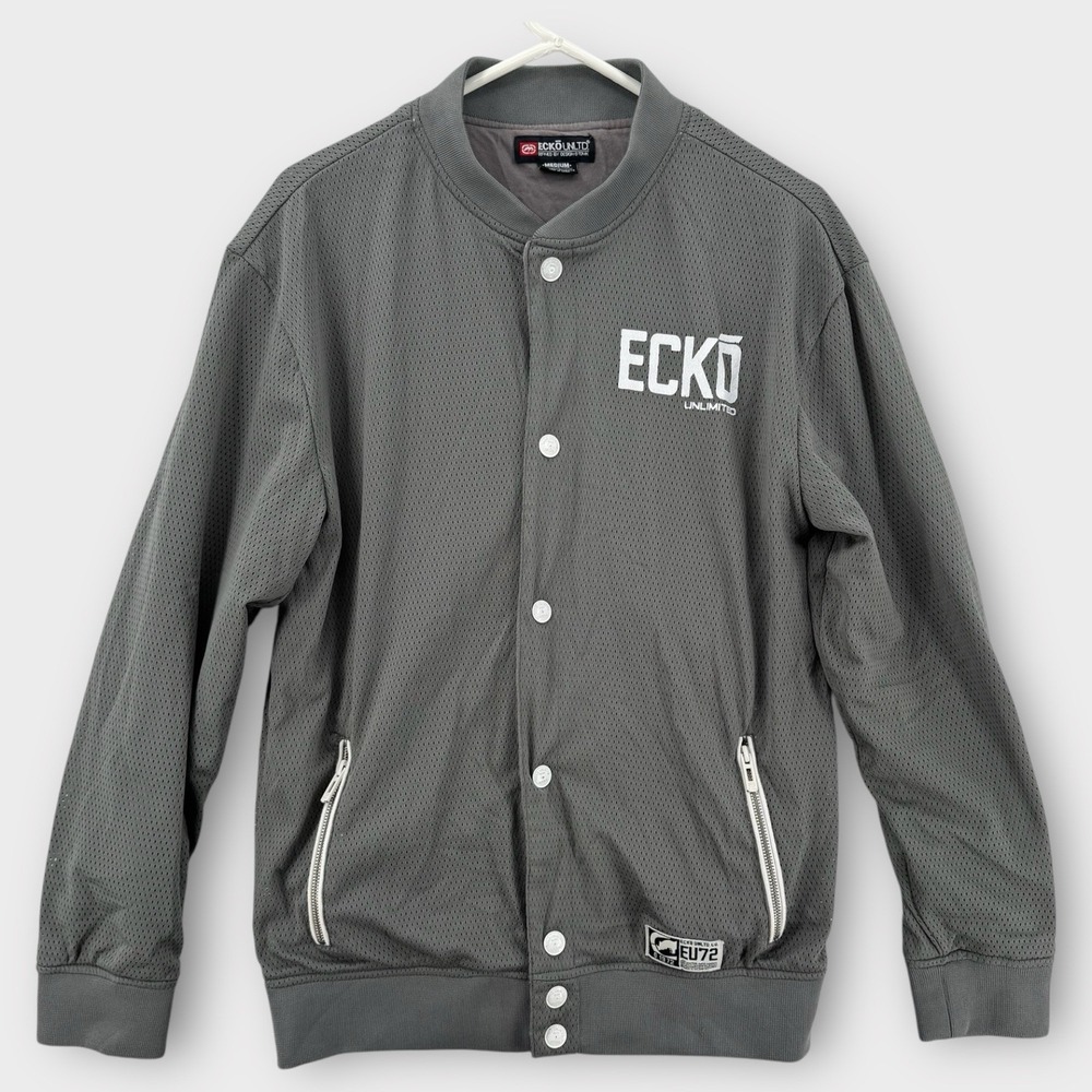 Ecko Unltd Bomber Jacket Mens Medium Gray Zip Pocket Snap‎ Front Mesh EU72 Y2K